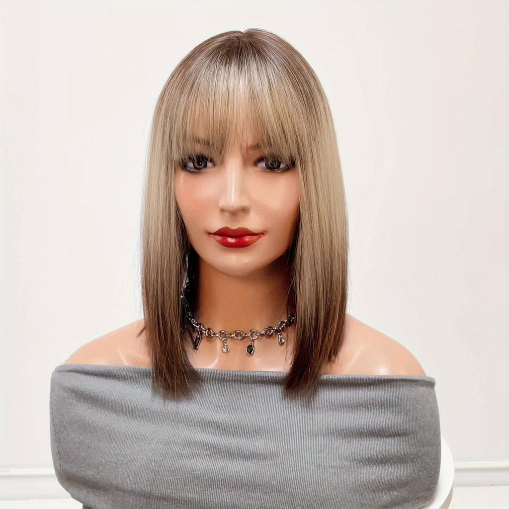 Elegant 14 inch Gray Ombre Brown Bob Wig for Women with Bangs, Shoulder Length Straight Hair Wig, High Temperature Fiber, Rose Net Cap, Natural Look