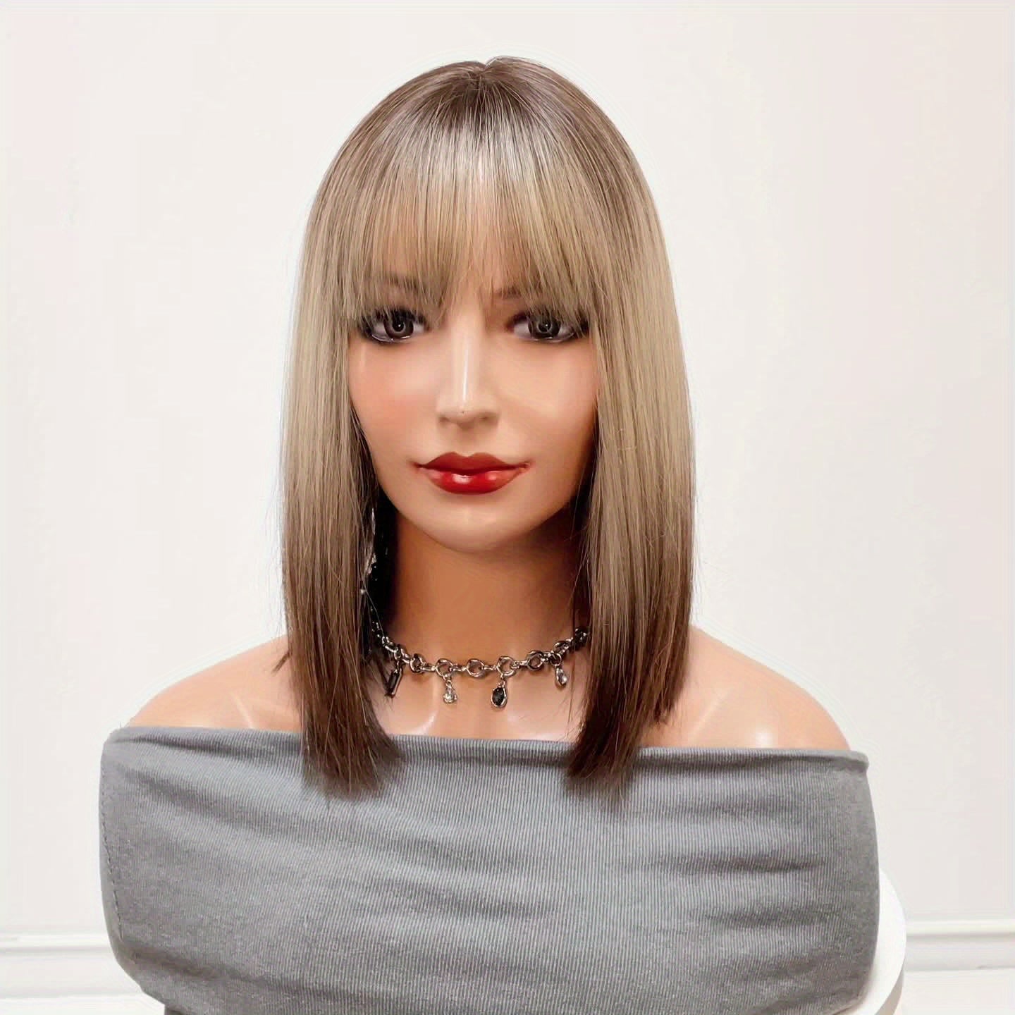 Elegant 14 inch Gray Ombre Brown Bob Wig for Women with Bangs, Shoulder Length Straight Hair Wig, High Temperature Fiber, Rose Net Cap, Natural Look