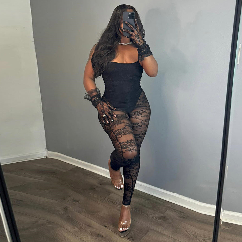 Sexy Women's Clothing Sling Style Stitching Sheer Cutout High Elasticity Jumpsuit