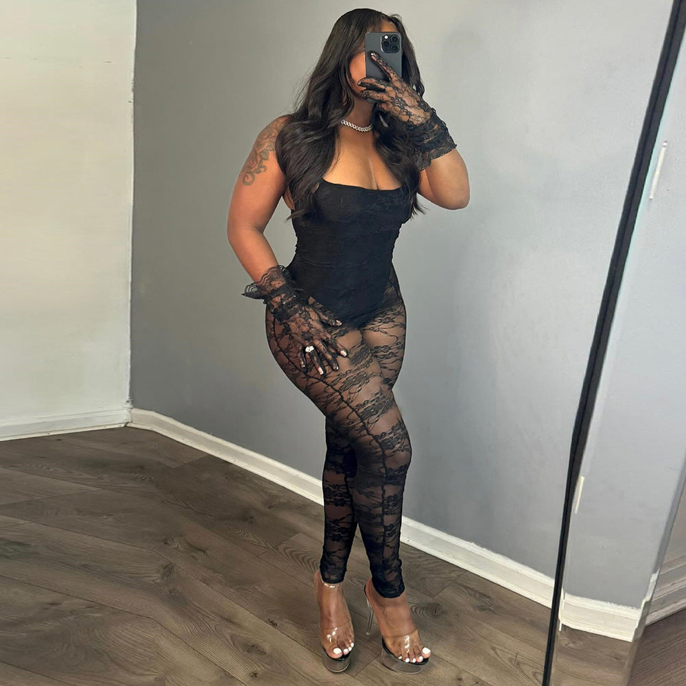 Sexy Women's Clothing Sling Style Stitching Sheer Cutout High Elasticity Jumpsuit