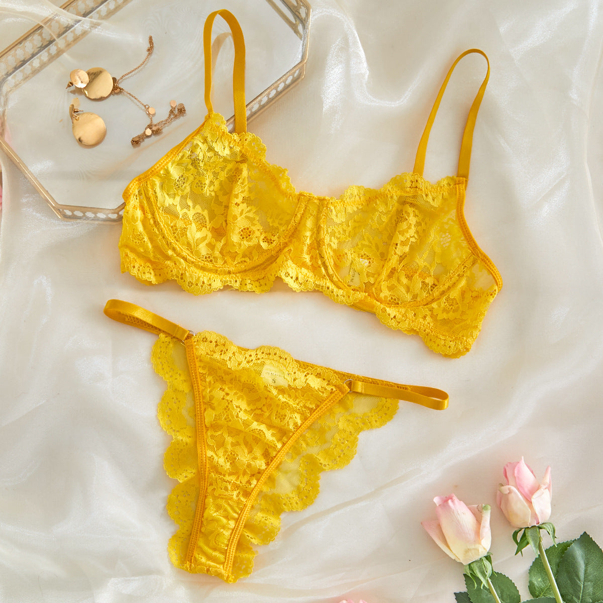 Lace See-through Underwear Set for Women with Straps