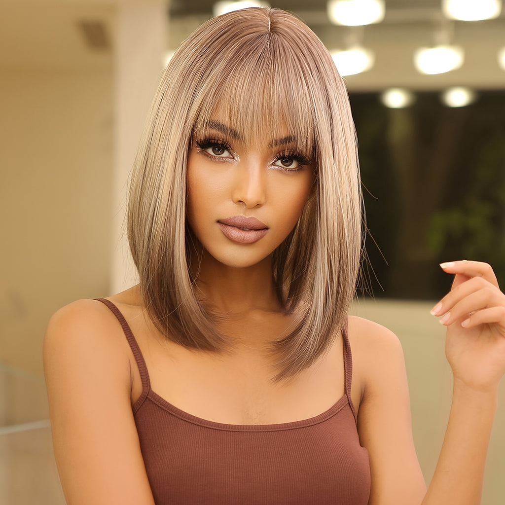 Elegant 14 inch Gray Ombre Brown Bob Wig for Women with Bangs, Shoulder Length Straight Hair Wig, High Temperature Fiber, Rose Net Cap, Natural Look