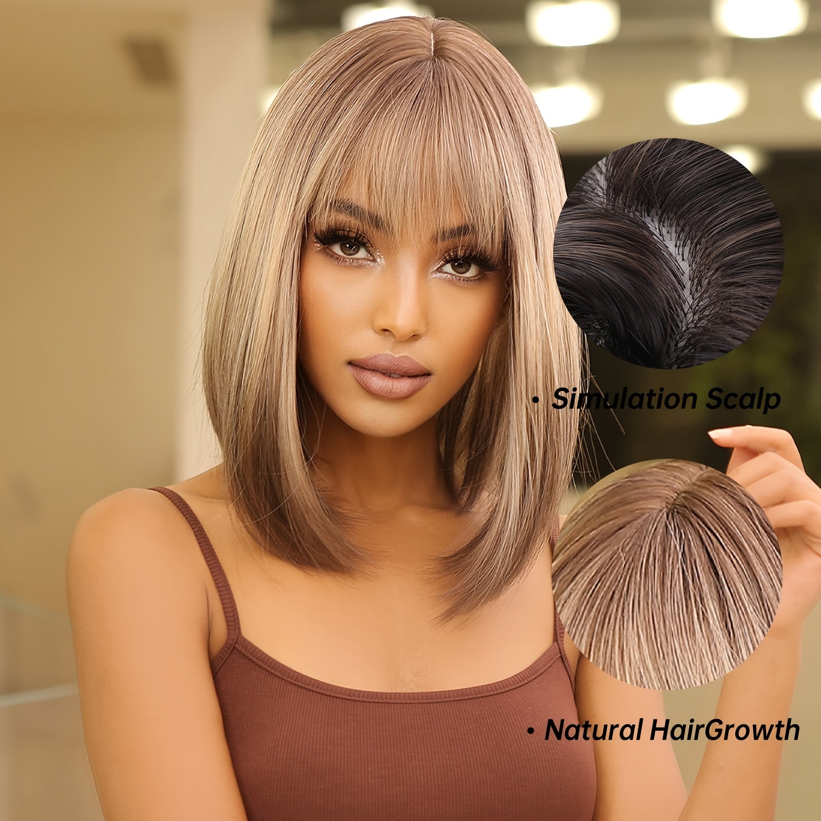 Elegant 14 inch Gray Ombre Brown Bob Wig for Women with Bangs, Shoulder Length Straight Hair Wig, High Temperature Fiber, Rose Net Cap, Natural Look