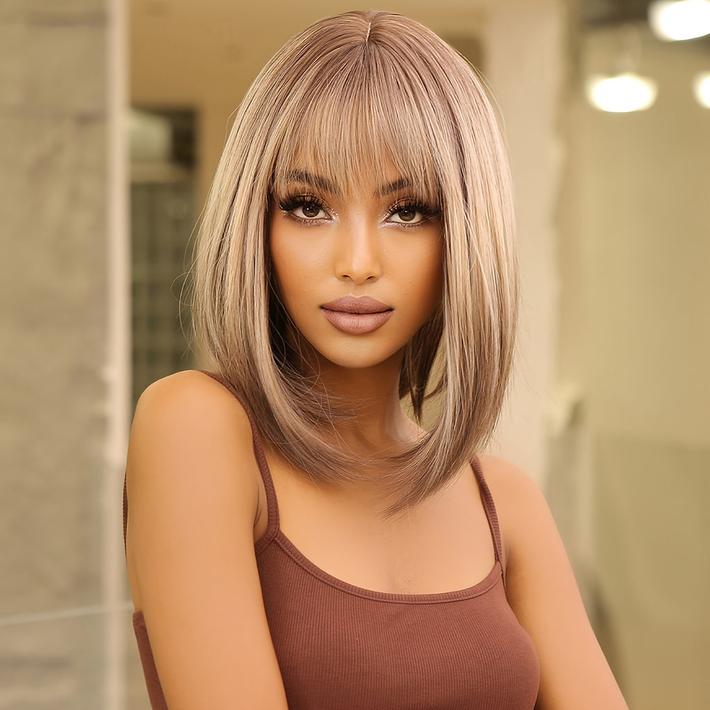 Elegant 14 inch Gray Ombre Brown Bob Wig for Women with Bangs, Shoulder Length Straight Hair Wig, High Temperature Fiber, Rose Net Cap, Natural Look
