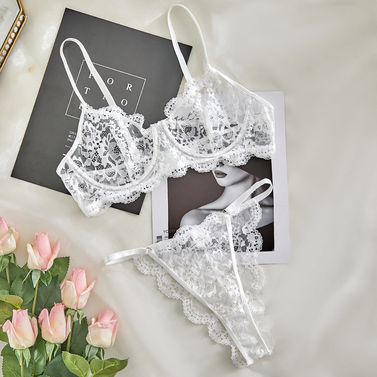 Lace See-through Underwear Set for Women with Straps
