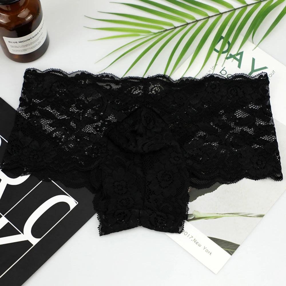 Men's Sexy Underwear Lace Floral Small Boxer Shorts Underpants Red Black ZJH1005 M,L,XL
