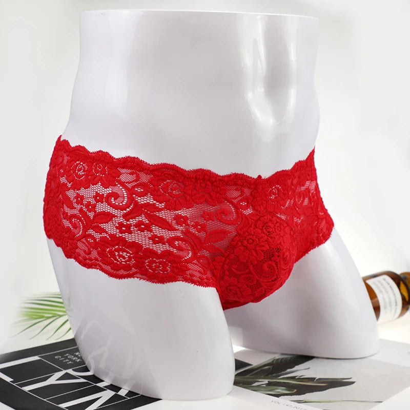 Men's Sexy Underwear Lace Floral Small Boxer Shorts Underpants Red Black ZJH1005 M,L,XL