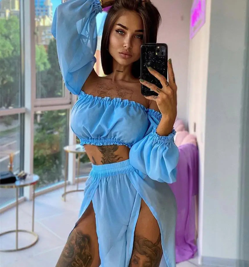 8 Colors Sexy Summer Women's Clothes Sets Solid Color Off Shoulder Long Sleeve Tops Cover Up Skirt 2pcs Suit Holiday Beachear