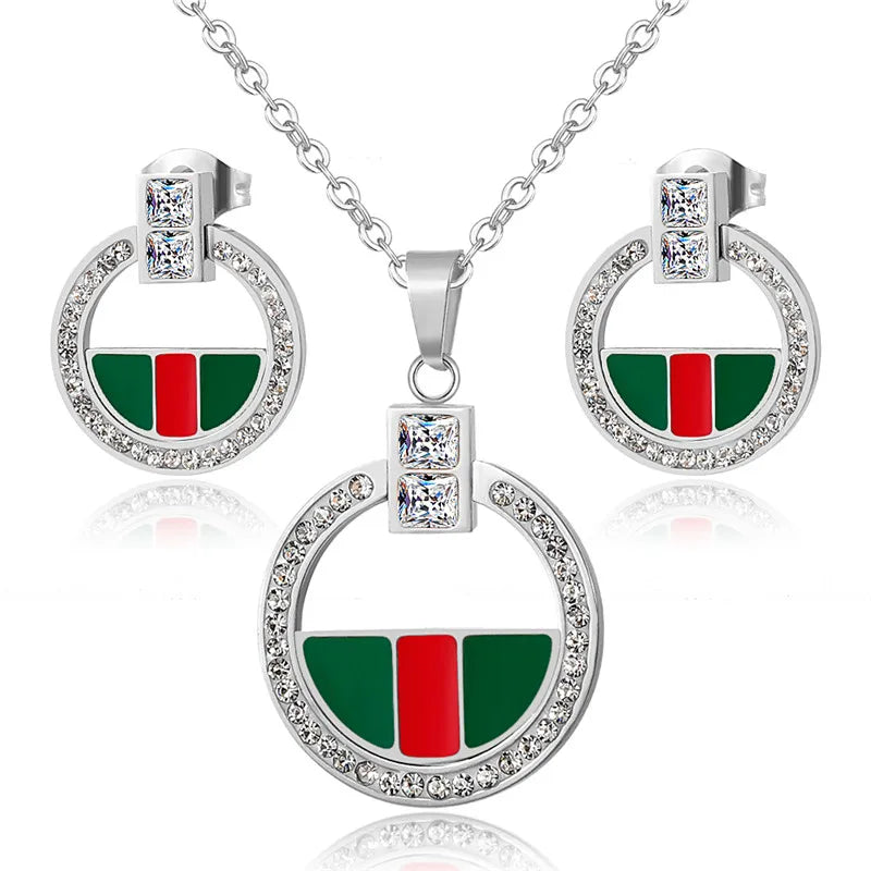 Luxury Full Crystals Pendant Necklace Earrings Sets Stainless Steel Collar Clavicle Necklaces for Women Fashion Jewelry