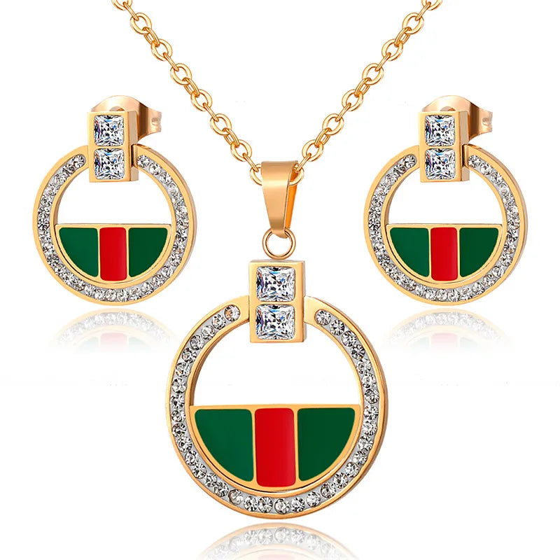 Luxury Full Crystals Pendant Necklace Earrings Sets Stainless Steel Collar Clavicle Necklaces for Women Fashion Jewelry