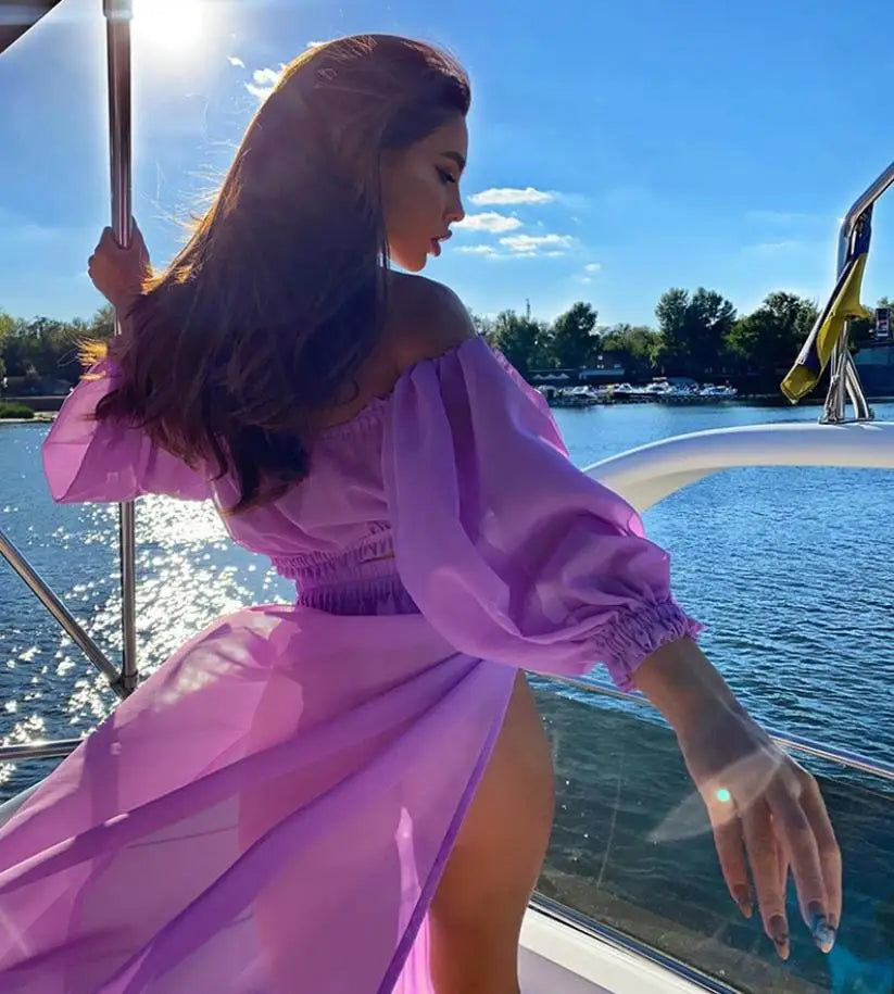 8 Colors Sexy Summer Women's Clothes Sets Solid Color Off Shoulder Long Sleeve Tops Cover Up Skirt 2pcs Suit Holiday Beachear