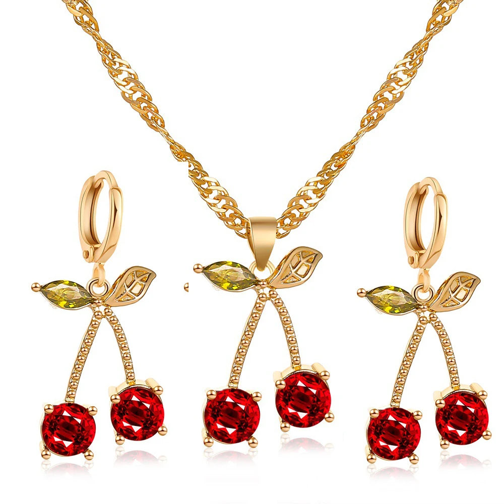 Fashion Cherry Necklace Earrings Jewelry Sets Women Glamour Necklace Zircon Crystal Drop Earrings Jewelry Collier Bijoux Brincos