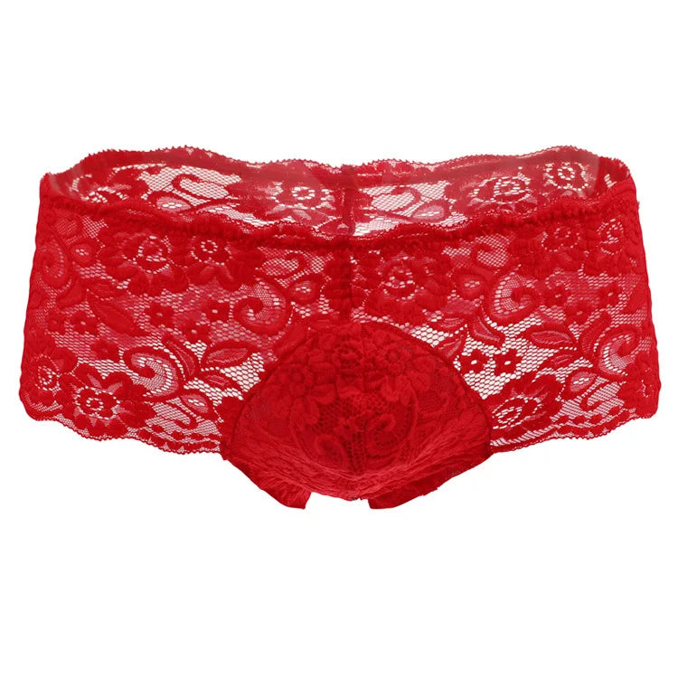 Men's Sexy Underwear Lace Floral Small Boxer Shorts Underpants Red Black ZJH1005 M,L,XL