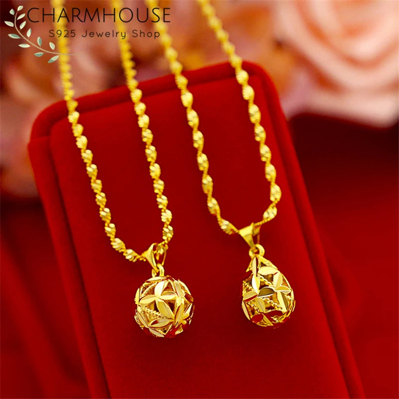 Pure Gold Color Necklaces for Women Hollow Ball Pendant & Necklace Collier Femme Wedding Bridal Jewelry Accessories Bijoux
