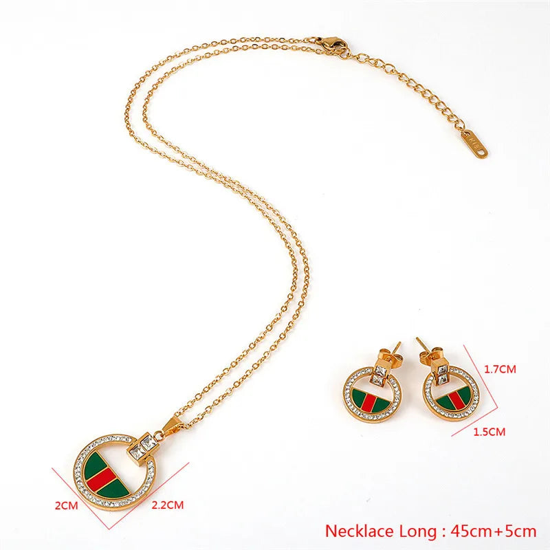 Luxury Full Crystals Pendant Necklace Earrings Sets Stainless Steel Collar Clavicle Necklaces for Women Fashion Jewelry