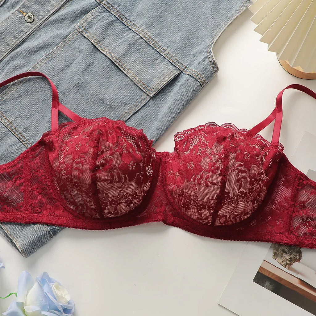 Cross Border Wholesale Sexy Lace Underwear for Women Gathering Thin, Breathable Hollow Lace Low Waist Thong Plus Size Bra Set