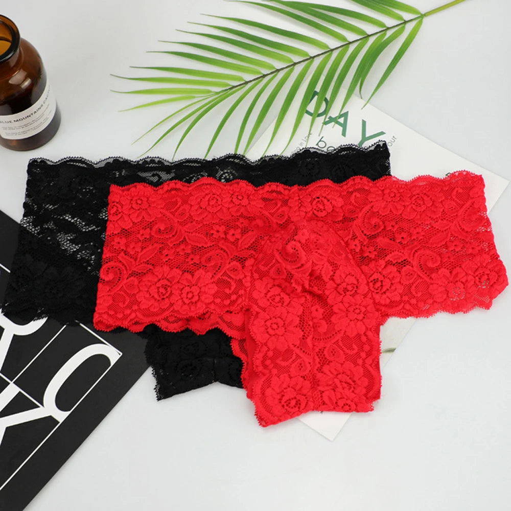 Men's Sexy Underwear Lace Floral Small Boxer Shorts Underpants Red Black ZJH1005 M,L,XL