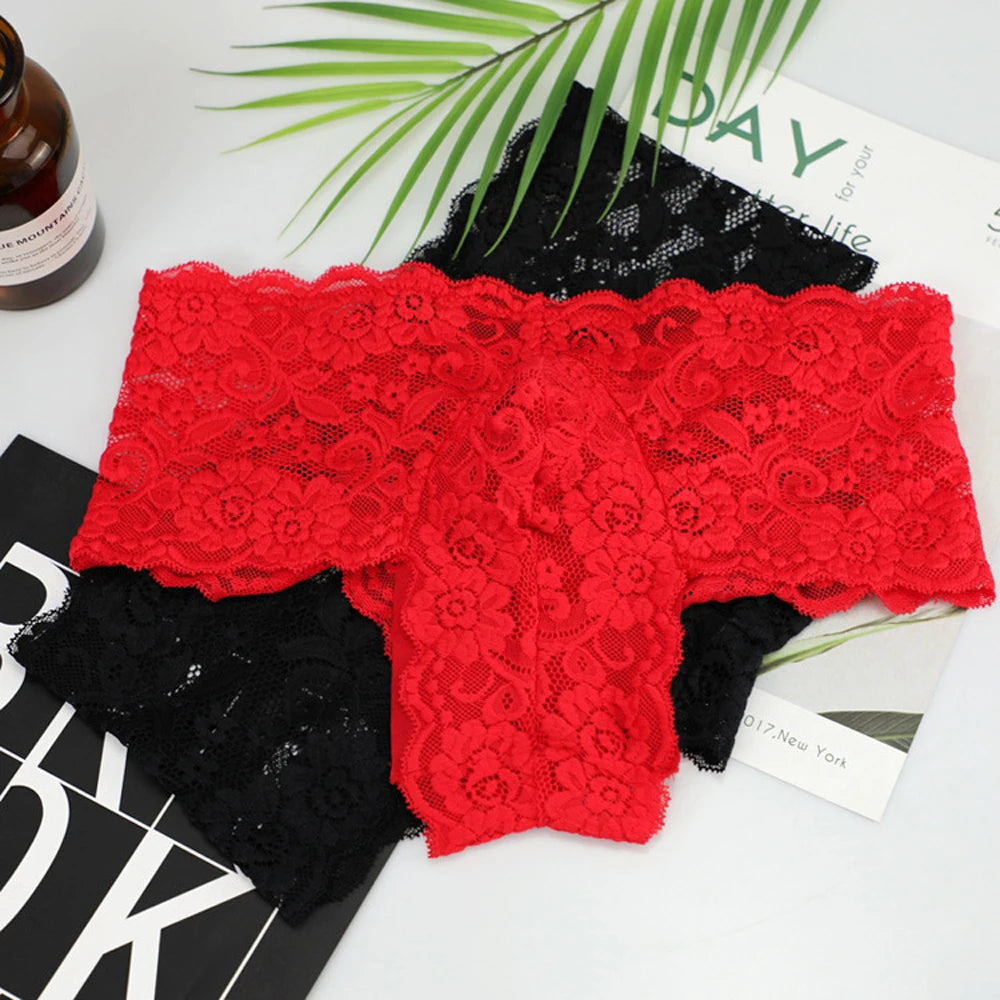 Men's Sexy Underwear Lace Floral Small Boxer Shorts Underpants Red Black ZJH1005 M,L,XL