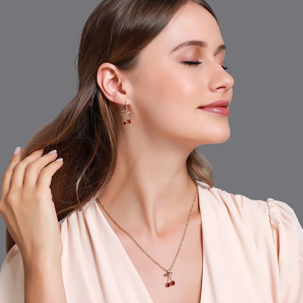 Fashion Cherry Necklace Earrings Jewelry Sets Women Glamour Necklace Zircon Crystal Drop Earrings Jewelry Collier Bijoux Brincos
