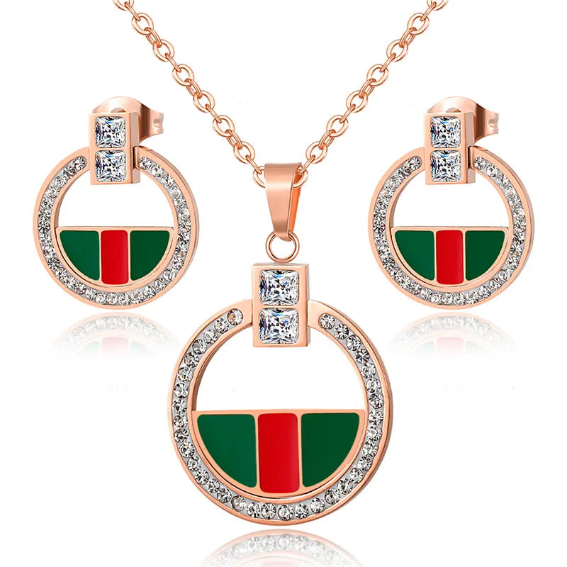 Luxury Full Crystals Pendant Necklace Earrings Sets Stainless Steel Collar Clavicle Necklaces for Women Fashion Jewelry