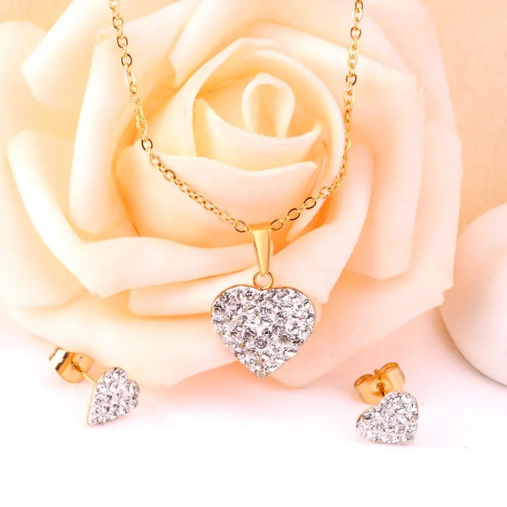 LUXUSTEEL New Heart Cubic Zirconia Wedding Jewelry Sets Women/Girl Stainless Steel Gold Color Choker Necklace Collier Bijoux