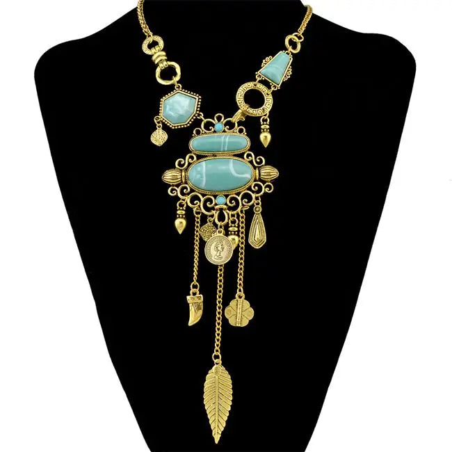 Bohemian Collier Femme Tassel Maxi Coin Neck Chain Turkish Green Stone Pendant Women Bib Collar Statement Necklac Gypsy Jewelry