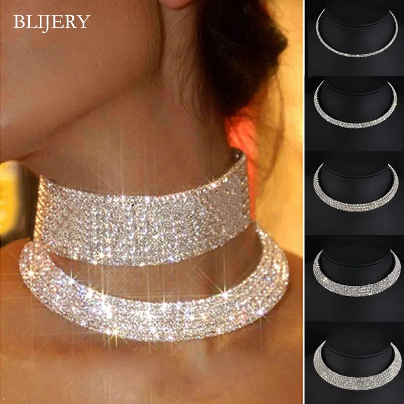 BLIJERY Silver Color Crystal Choker Necklace for Women Wedding Accessories Rhinestone Chokers Wedding Prom Jewelry Femme Collier