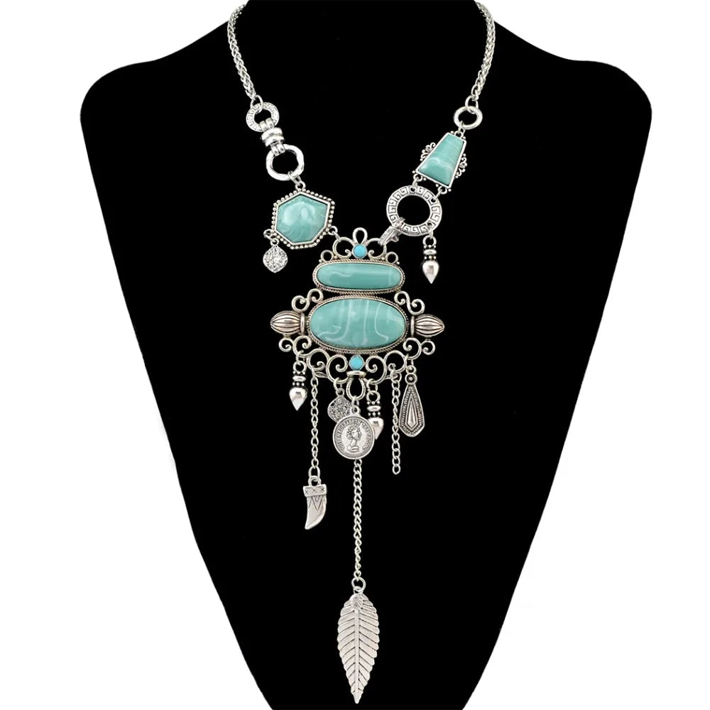 Bohemian Collier Femme Tassel Maxi Coin Neck Chain Turkish Green Stone Pendant Women Bib Collar Statement Necklac Gypsy Jewelry