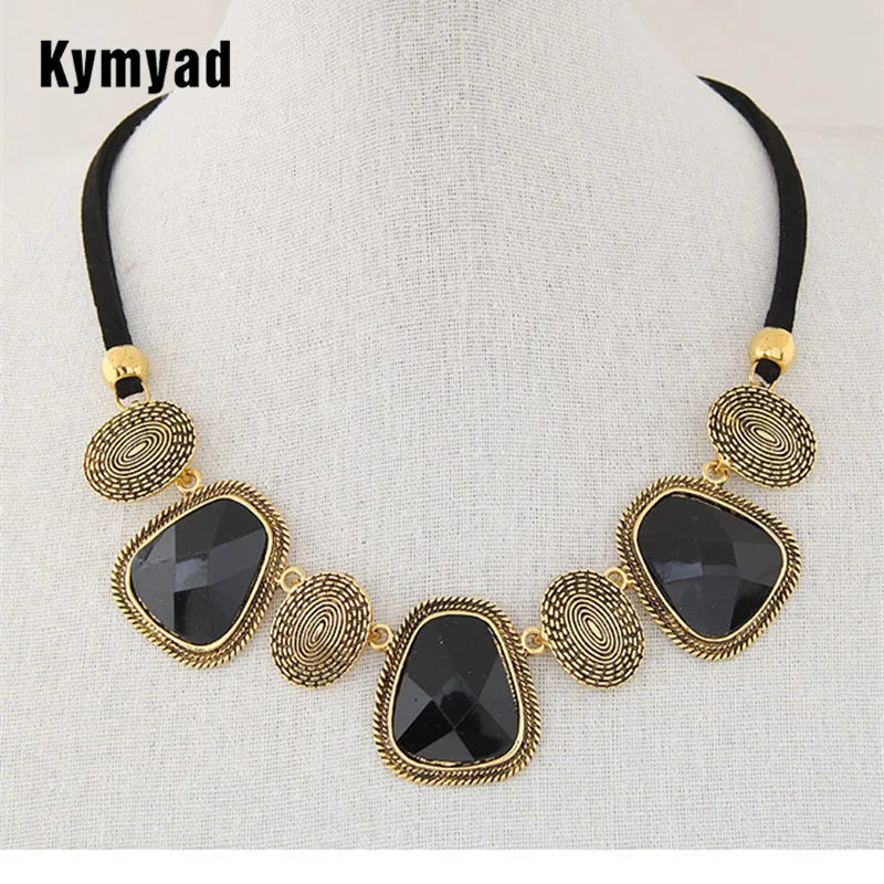 Women's Retro Jewelry Black Rope Chain Choker Necklaces Women Resin Stone Pendant Necklace Maxi Colar Necklaces