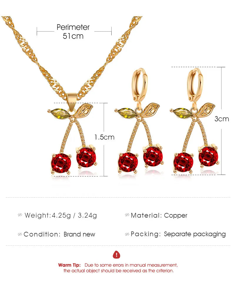 Fashion Cherry Necklace Earrings Jewelry Sets Women Glamour Necklace Zircon Crystal Drop Earrings Jewelry Collier Bijoux Brincos