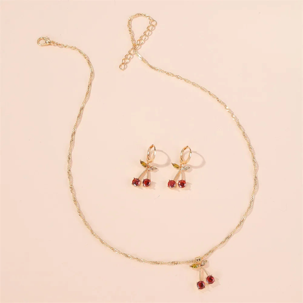 Fashion Cherry Necklace Earrings Jewelry Sets Women Glamour Necklace Zircon Crystal Drop Earrings Jewelry Collier Bijoux Brincos