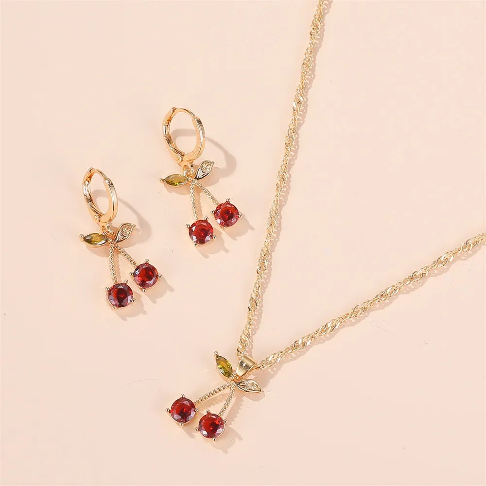 Fashion Cherry Necklace Earrings Jewelry Sets Women Glamour Necklace Zircon Crystal Drop Earrings Jewelry Collier Bijoux Brincos