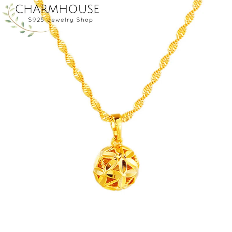 Pure Gold Color Necklaces for Women Hollow Ball Pendant & Necklace Collier Femme Wedding Bridal Jewelry Accessories Bijoux