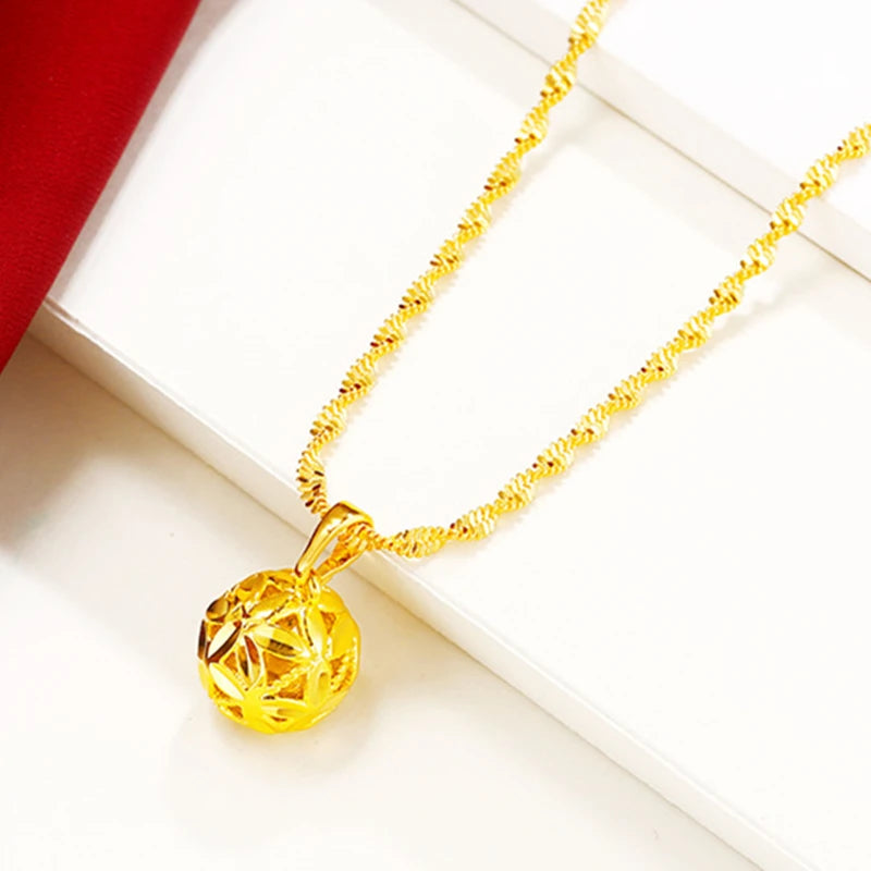 Pure Gold Color Necklaces for Women Hollow Ball Pendant & Necklace Collier Femme Wedding Bridal Jewelry Accessories Bijoux