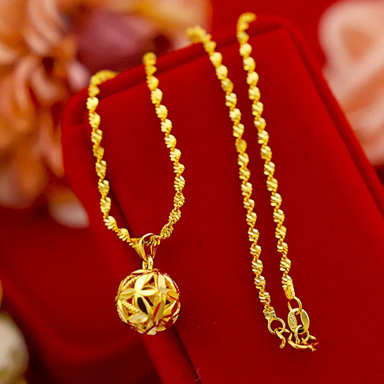 Pure Gold Color Necklaces for Women Hollow Ball Pendant & Necklace Collier Femme Wedding Bridal Jewelry Accessories Bijoux