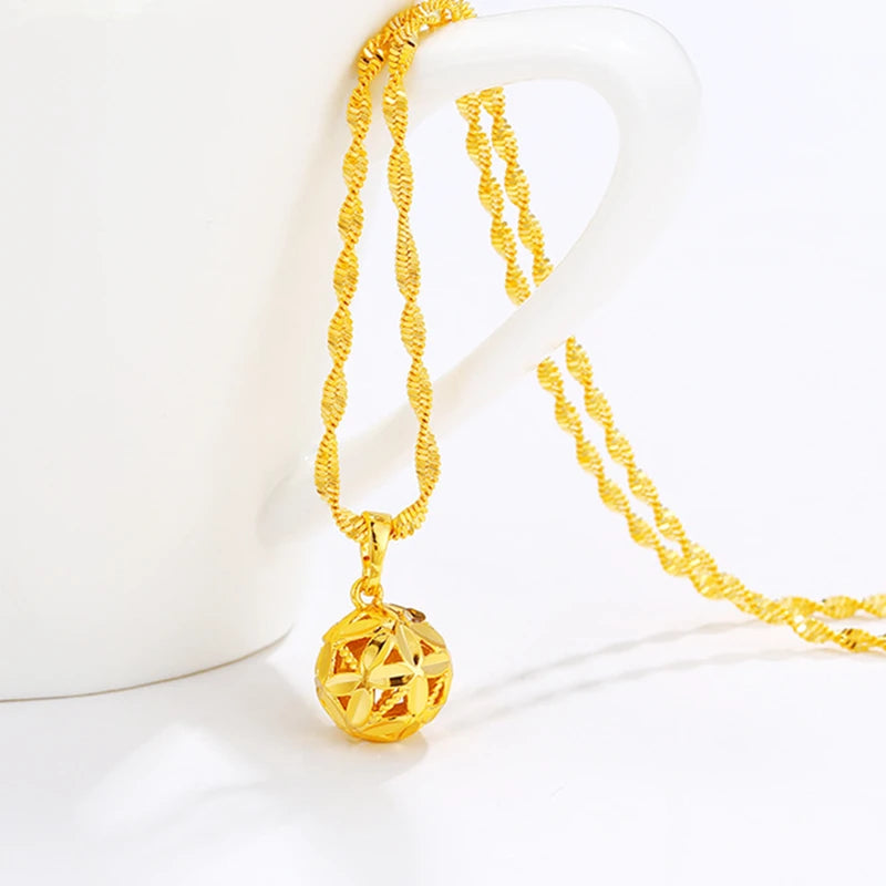 Pure Gold Color Necklaces for Women Hollow Ball Pendant & Necklace Collier Femme Wedding Bridal Jewelry Accessories Bijoux