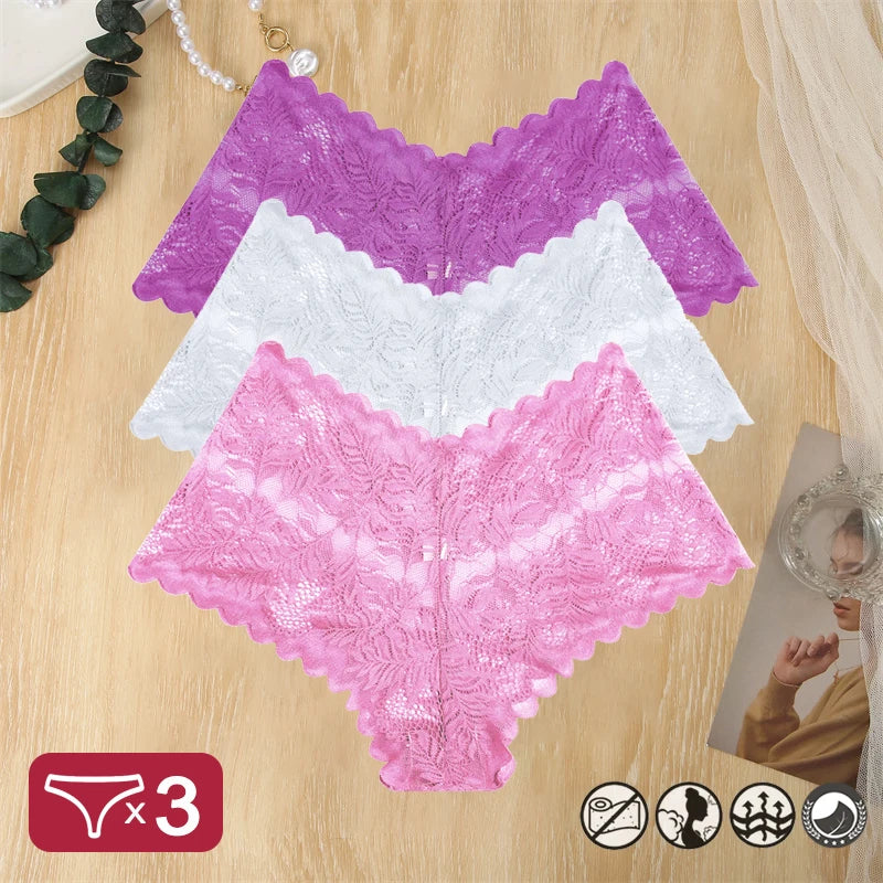 3PCS Women Sexy Lace Panties Floral Perspective Uderwear Solid Color Intimates Boyshort Female V-Waist Breathablle Soft Lingerie