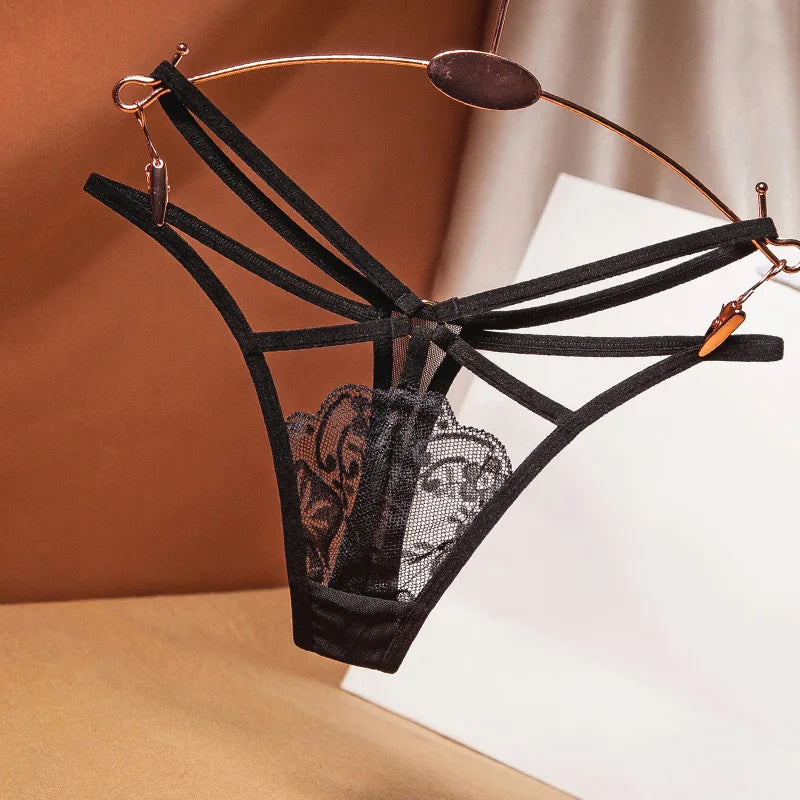 Sexy perspective women's underwear lace fashion cross belt bundled thong embroidered G-String Girls Briefs Ladies Transparent