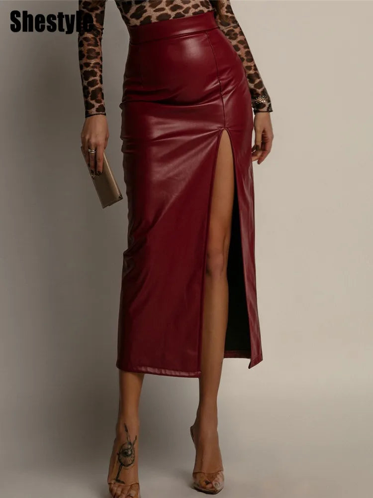 Shestyle High Slit PU Leather Office Lady High Waist Zipper Fly Long Elegant Straight Solid Sexy 2025 Women Bottom Clothing
