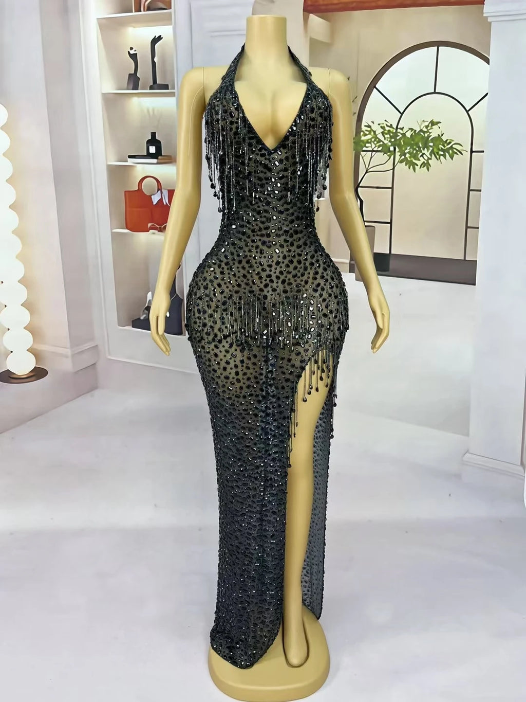 Sexy Black Mesh Evening Dress Sparkling Rhinestone Tassel High Slit Gown Deep V-neck Halter Neck Tight Long Dress wulongweibo
