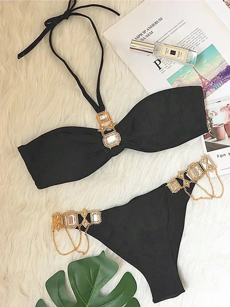 Halter Rhinestone Diamond Bikini Women Swimsuit Female Bikinis Metal Chain Swimwear Two Pieces Bikini Set Bathing Suit Swim Lady