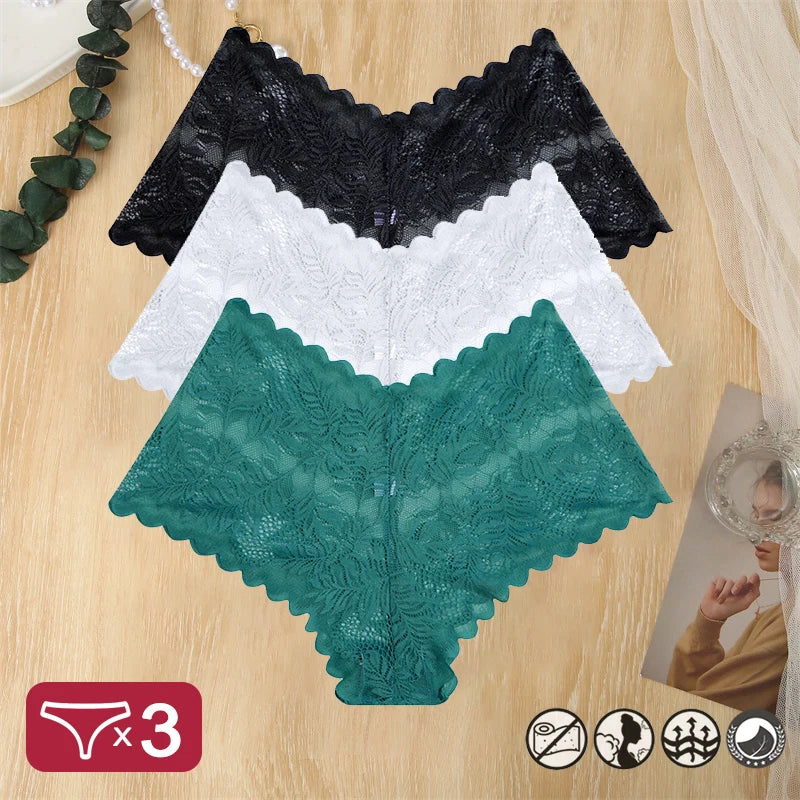 3PCS Women Sexy Lace Panties Floral Perspective Uderwear Solid Color Intimates Boyshort Female V-Waist Breathablle Soft Lingerie