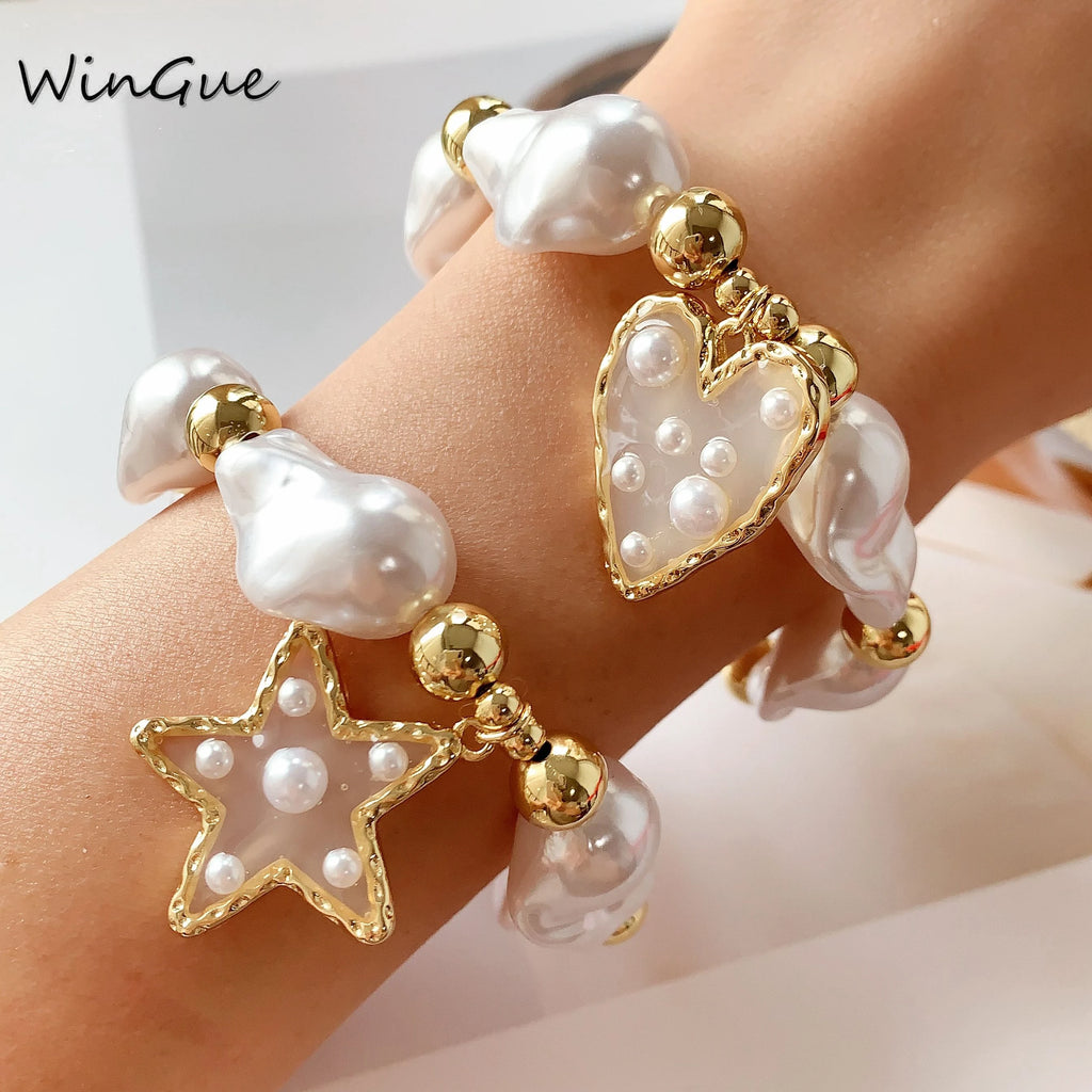 1 Pcs Baroque Imitation Pearl Bead Bracelet Women's Jewelry 18K Gold Plated Elastic Bracelet