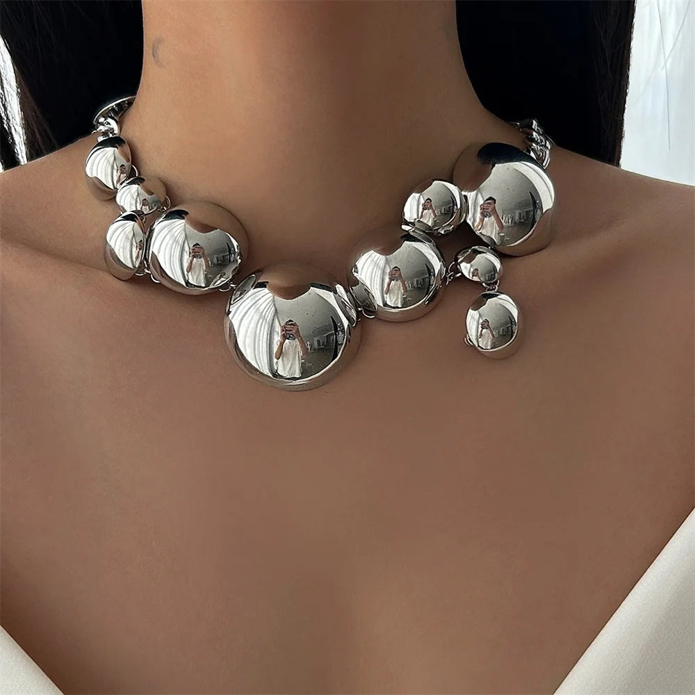 Vintage Irregular CCB Big Ball Bead Chain Short Necklace Bracelet for Women Personality Punk Collier Jewelry 2024 Festive Gifts