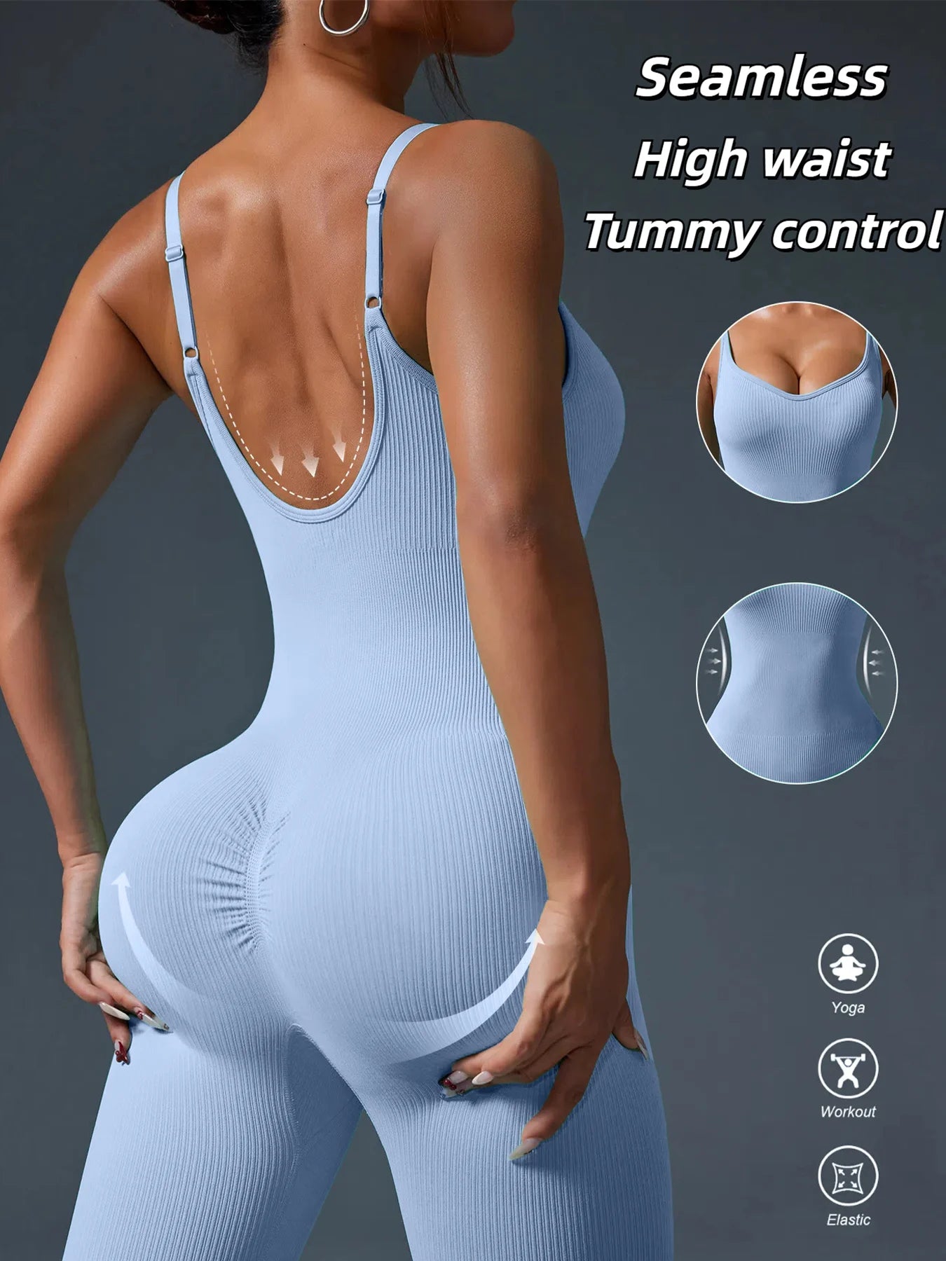 Solid Color Seamless Sport Yoga Jumpsuit Sexy Back-u Bodycon Workout Clothes for Women Outfit Fitness Gym Sportwear Tracksuit