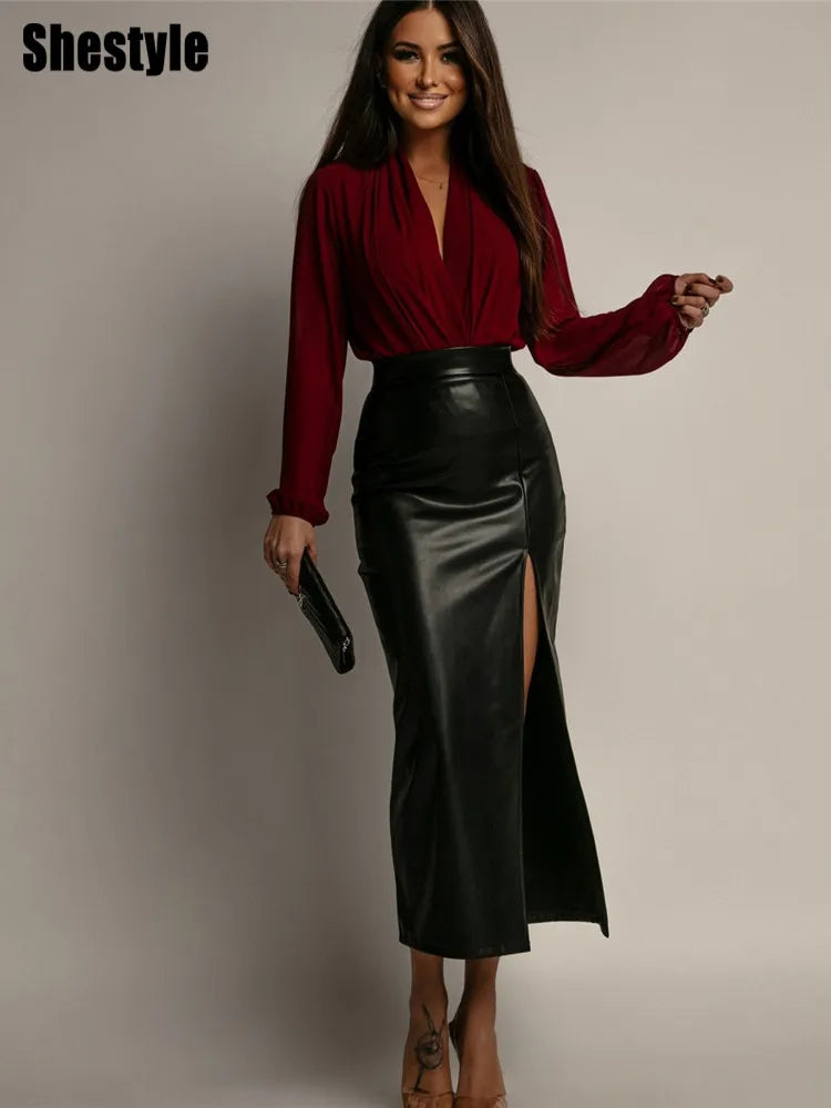 Shestyle High Slit PU Leather Office Lady High Waist Zipper Fly Long Elegant Straight Solid Sexy 2025 Women Bottom Clothing