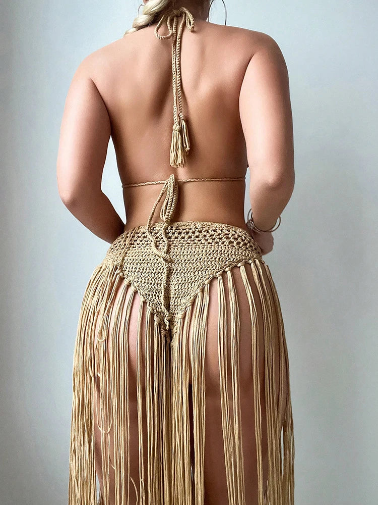 Women Floral Crochet Flower Long Tassel Bikini Set Summer Swimwear Halter Neck String Tie Bottom High Waist Cover Up Swimsuit