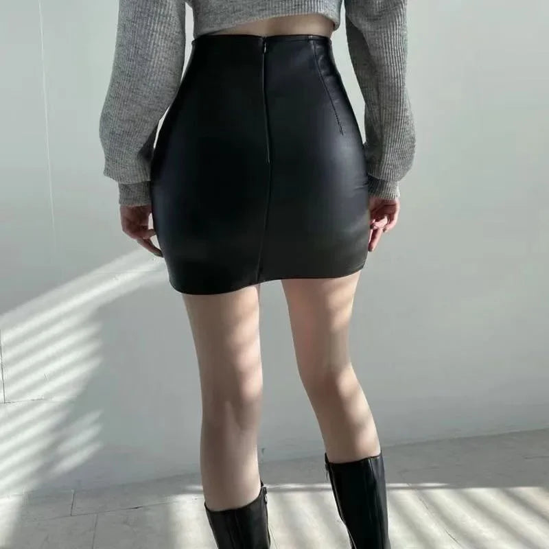 Smvp Black PU Leather Mini Skirt Women Sexy Skinny High Waist Side Split Hip Skirts Autumn New Korean Office Lady Short Skirt