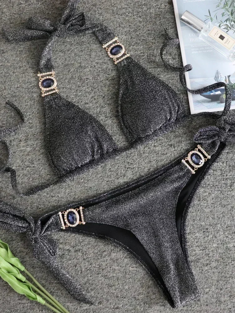 Halter Rhinestone Diamond Bikini Women Swimsuit Female Bikinis Metal Chain Swimwear Two Pieces Bikini Set Bathing Suit Swim Lady