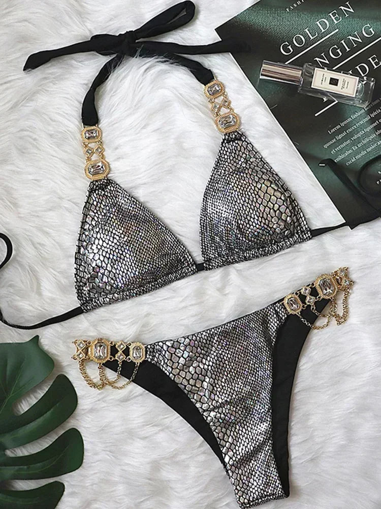 Halter Rhinestone Diamond Bikini Women Swimsuit Female Bikinis Metal Chain Swimwear Two Pieces Bikini Set Bathing Suit Swim Lady